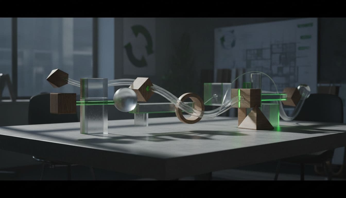 Interconnected geometric shapes and flowing lines form a complex structure with green highlights.