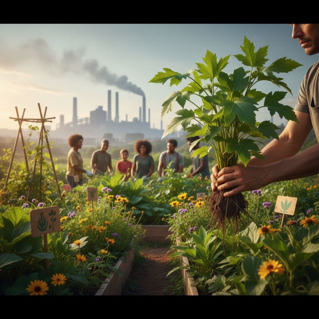 Close-up of hands caring for green saplings in a vibrant garden with an industrial background.