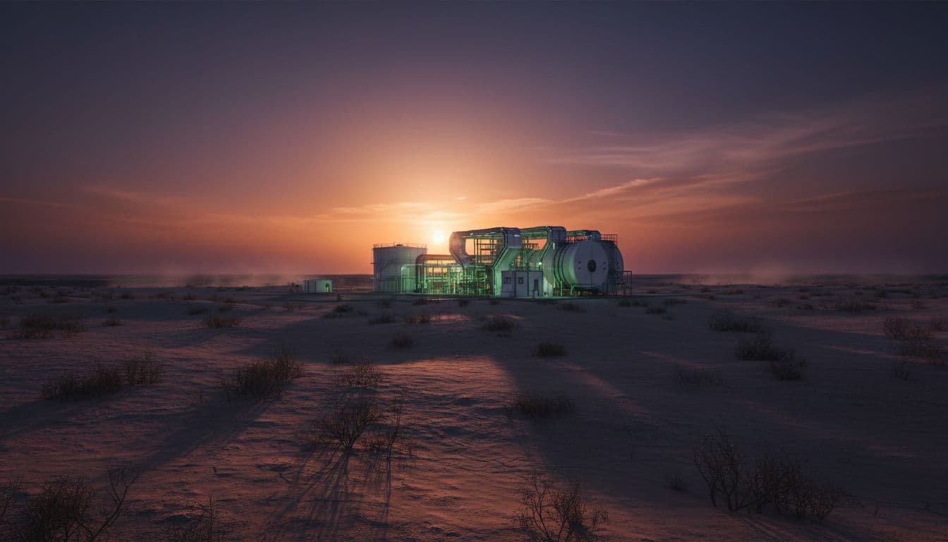 A modern hydrogen plant stands against the backdrop of a dry, cracked rural Indian landscape.