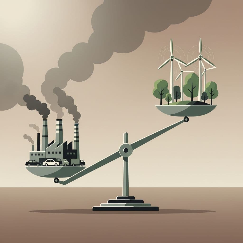 Balance scale tips toward heavy factories and cars, outweighing trees and wind turbines.