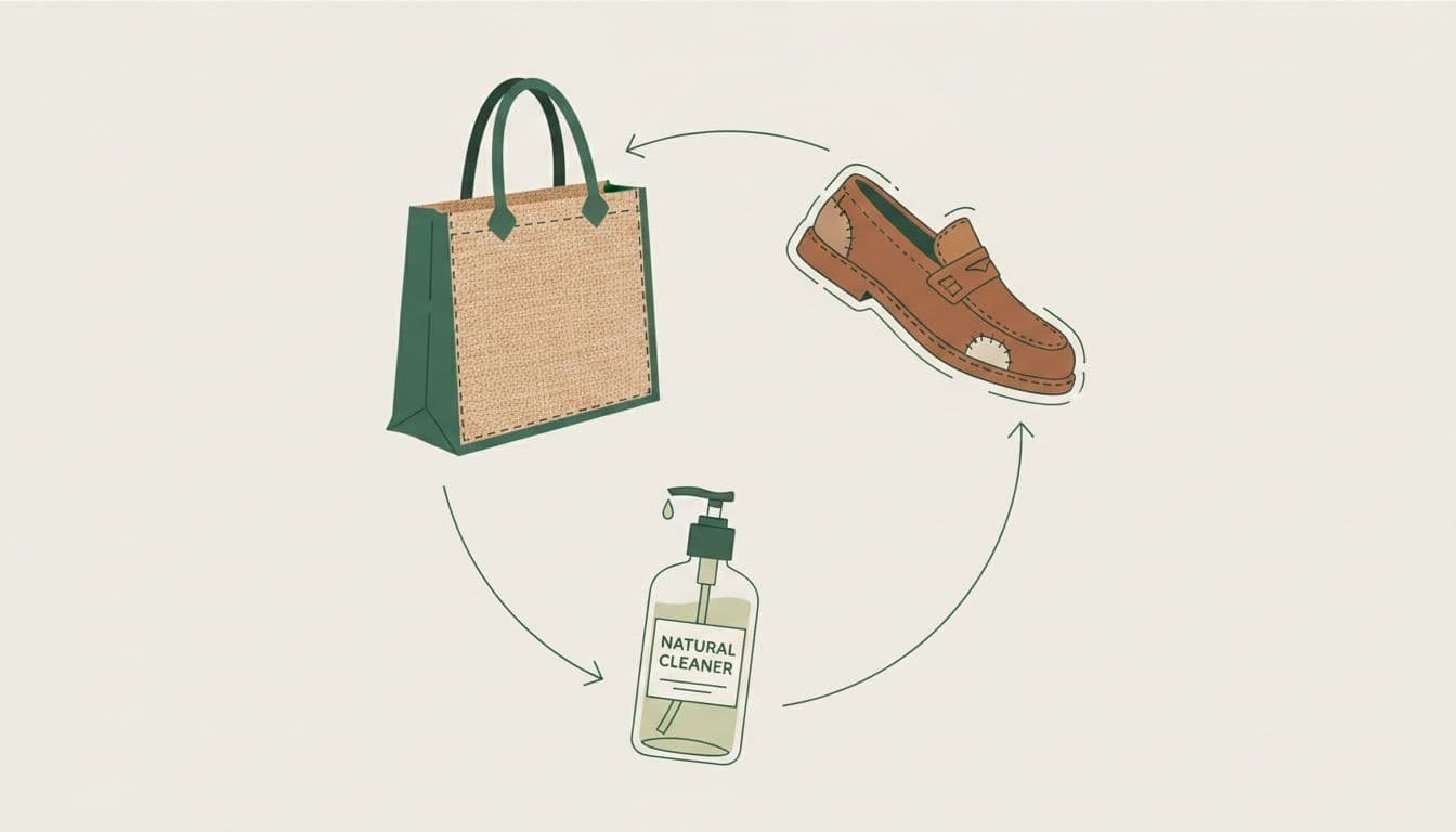 Upcycled jute bag, repaired leather shoe, and refilled cleaner bottle in loose cycle on neutral background.