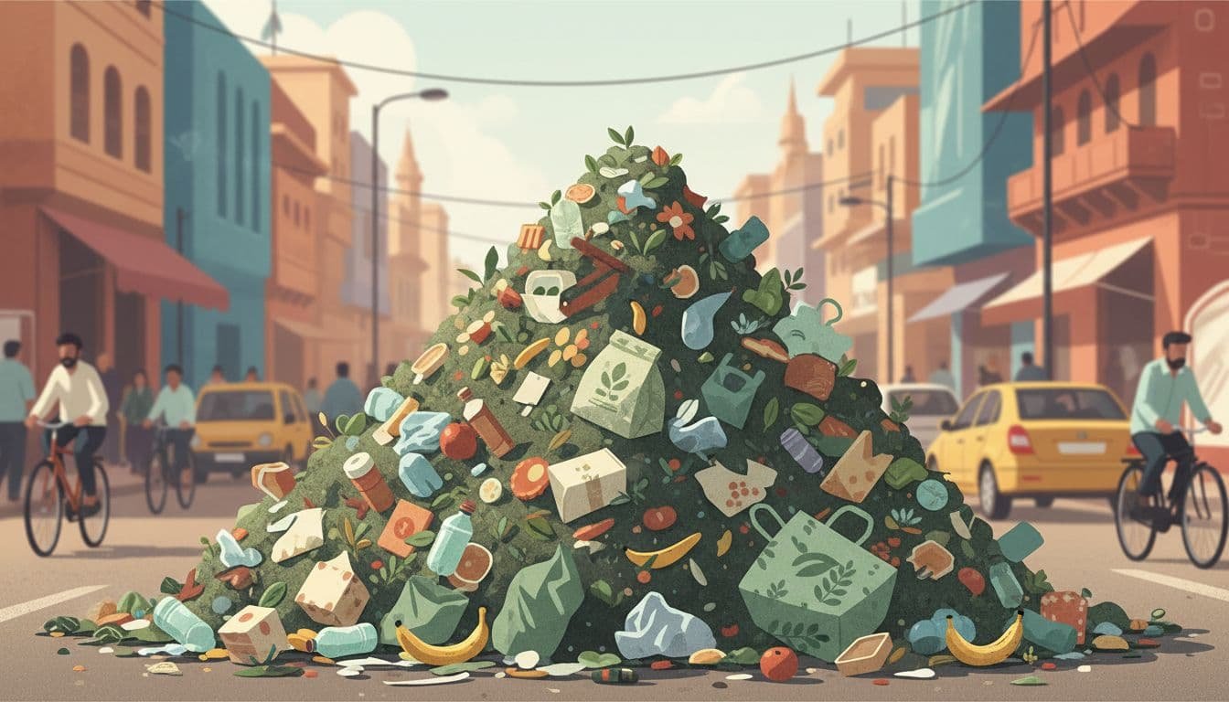 Overflowing pile of tangled plastics, food scraps, and compostable bags litters busy Indian city street.