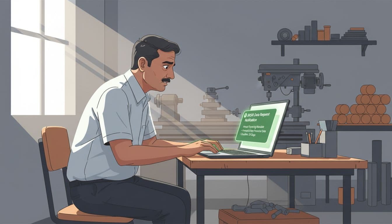 Middle-aged Indian man in simple shirt sits at wooden desk in workshop, opening laptop email with concerned expression.
