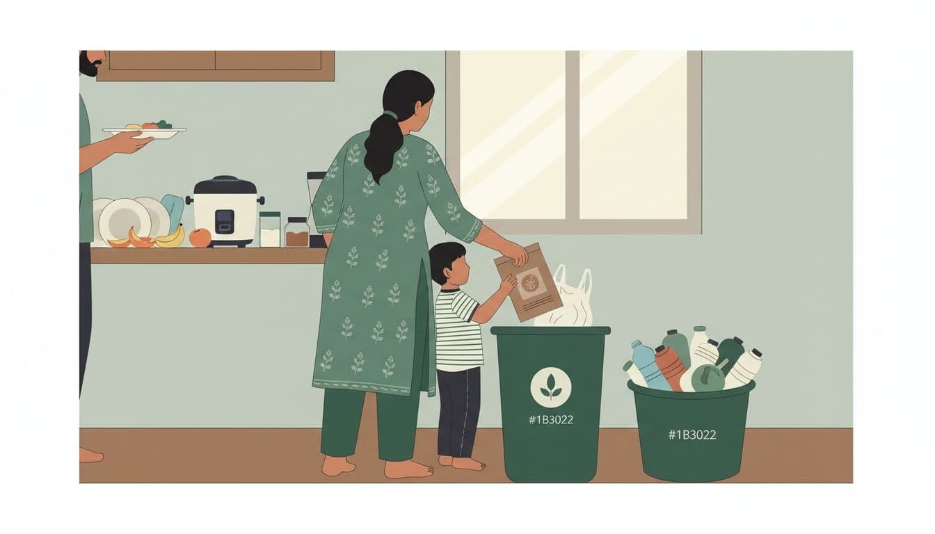 Three family members in Indian apartment kitchen place compostable packaging into plastics bin on cluttered counter.