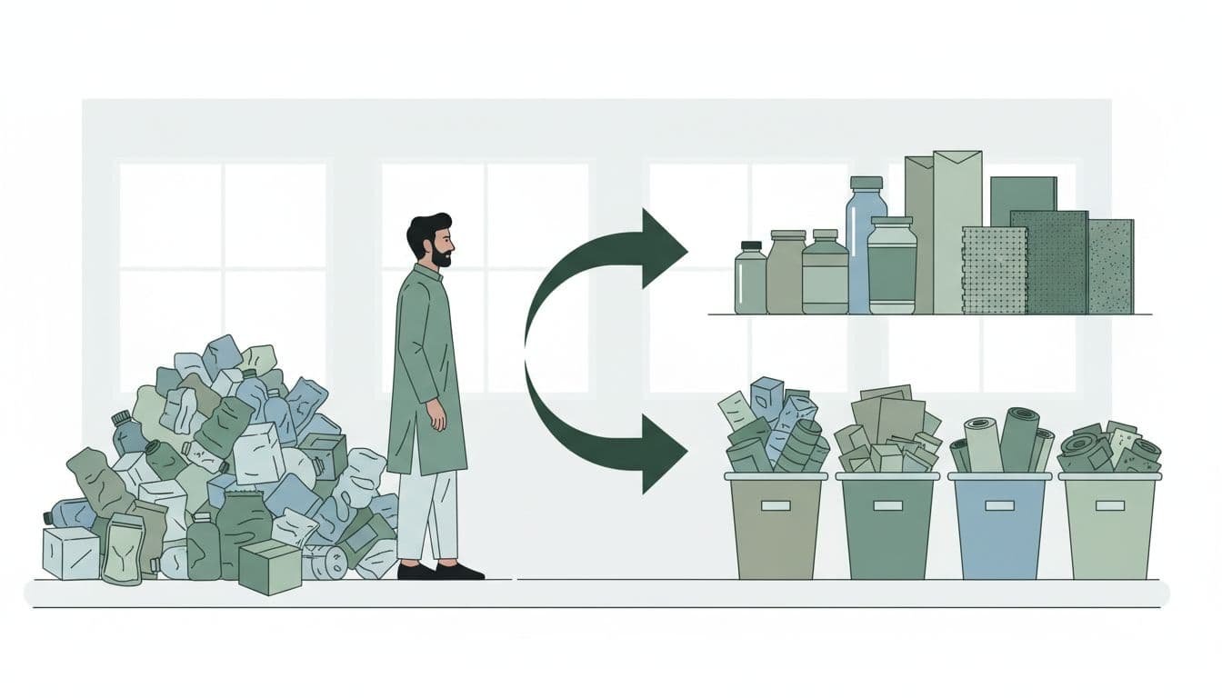 Indian shop owner stands side-view in workshop amid plastic bottles, pouches, and boxes entering recycling process to sorted waste and new products.