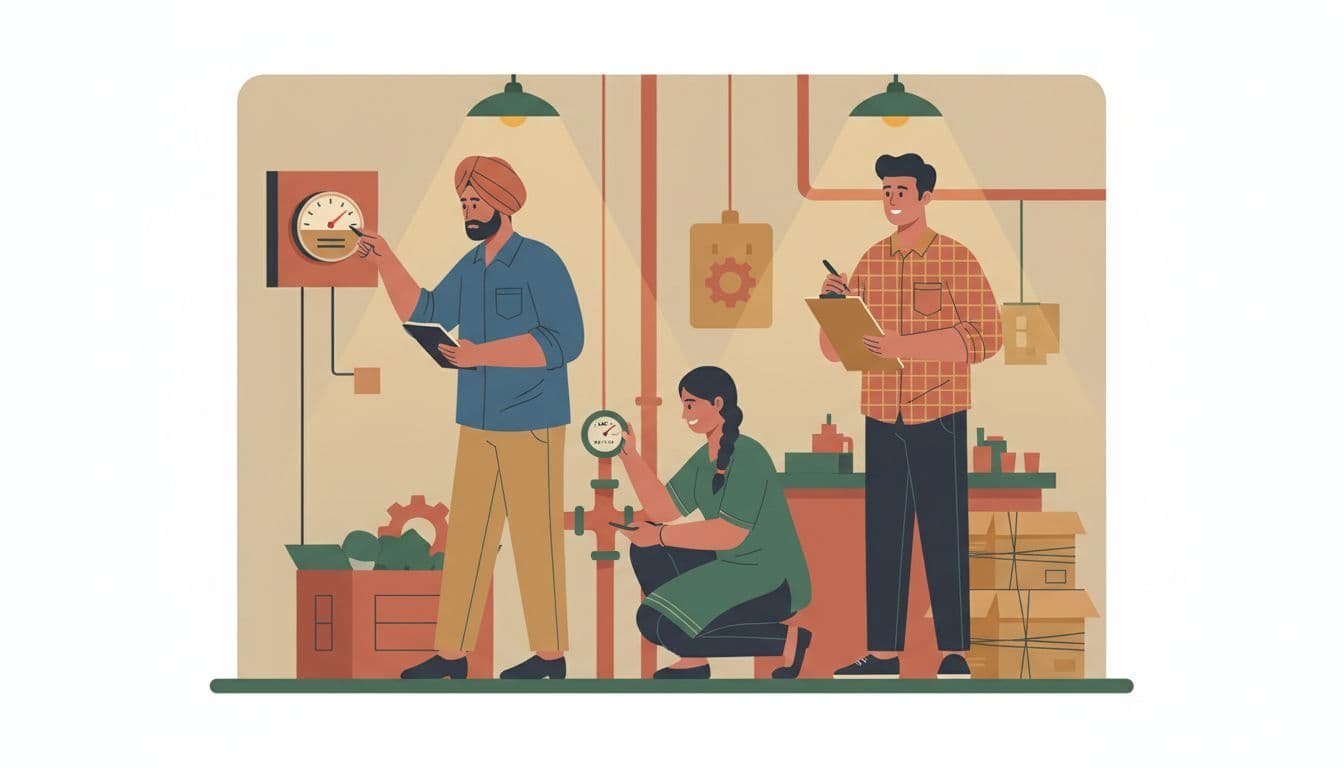 Three diverse Indian workers in a small factory: one notes energy meter, one checks water usage, one logs waste on clipboard.