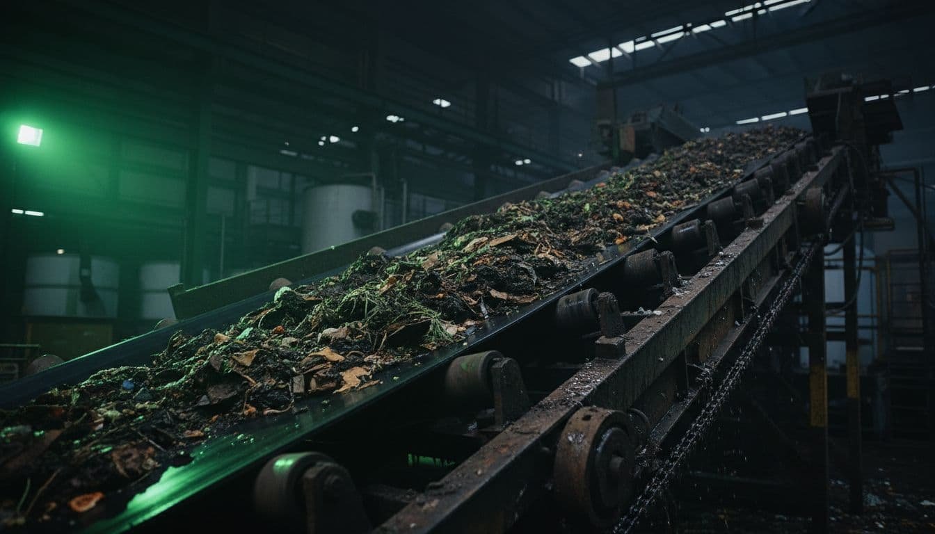 A dark conveyor belt transports damp, unsegregated organic waste under dim green industrial lighting.