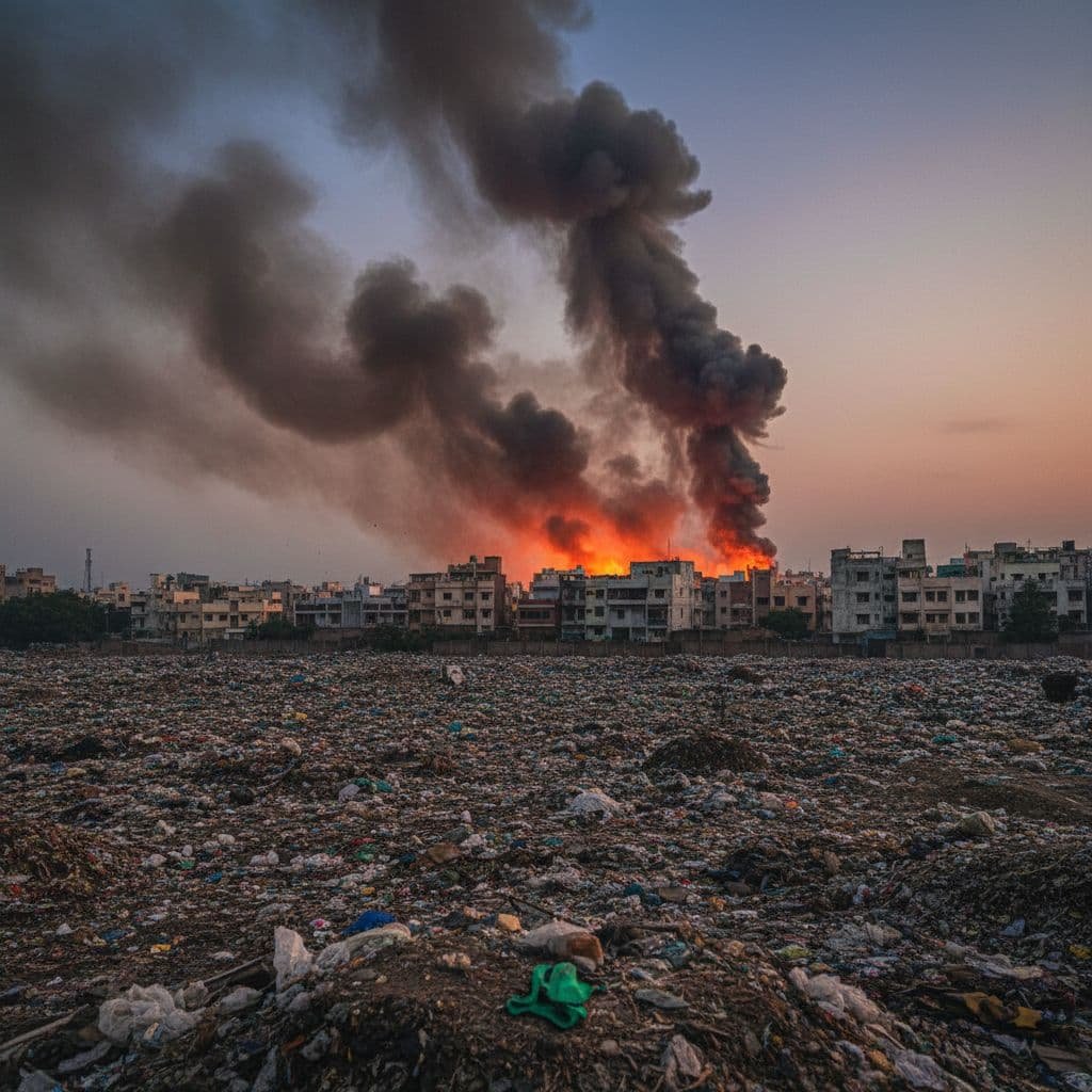 Thick grey smoke rises from a sprawling Indian waste site near a residential neighborhood.
