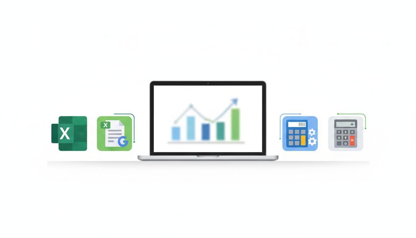 Laptop on desk displays blurred chart, surrounded by Excel, Google Sheets, and calculator icons on white background.