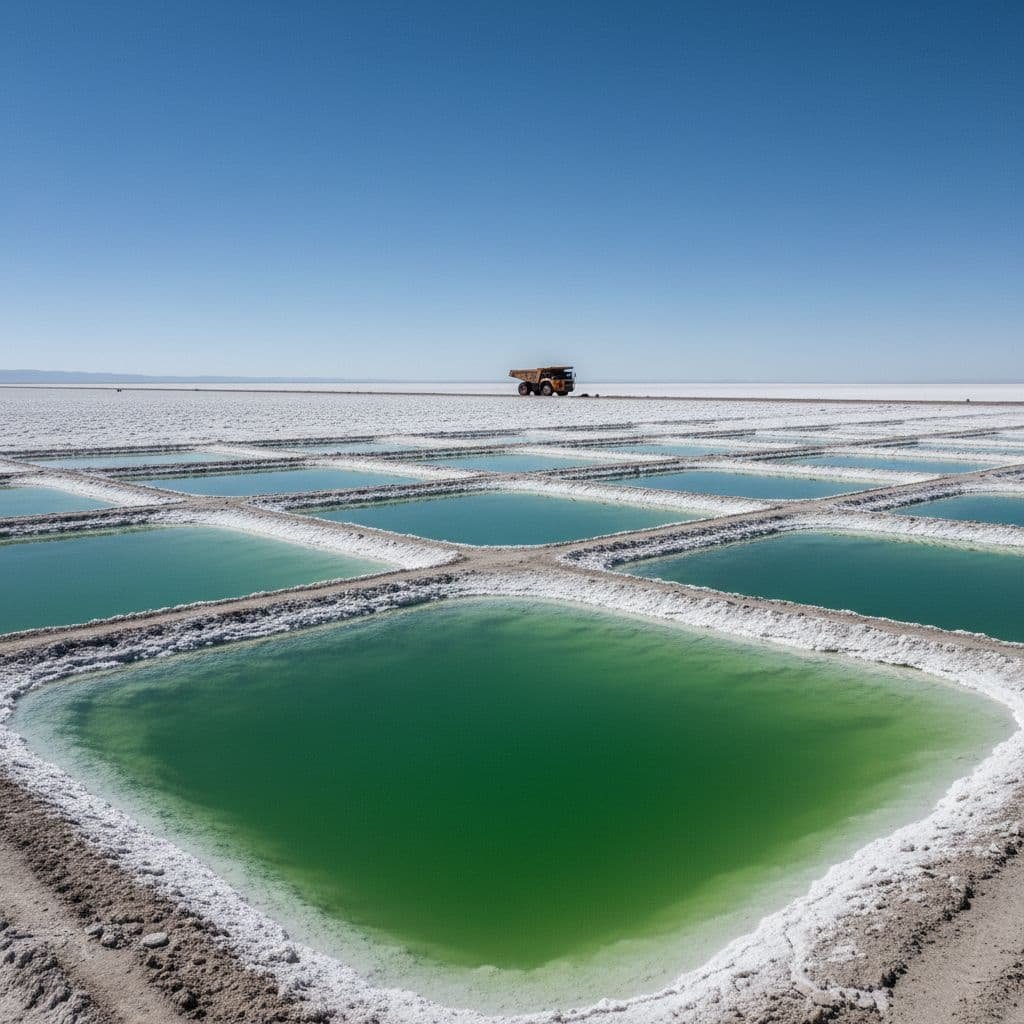 Brine pools sit amidst a vast, dry salt flat with a heavy-duty vehicle parked in the distance.