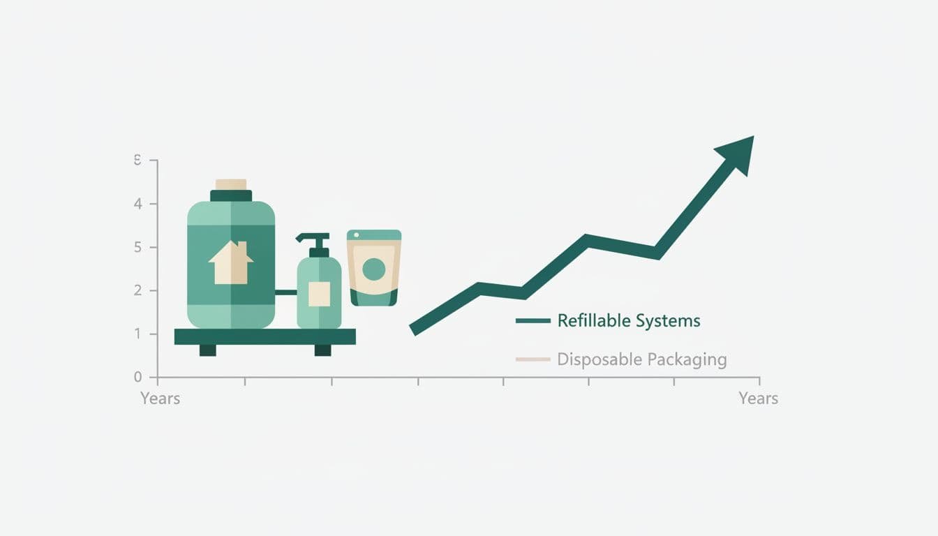 Graph shows upward savings line for refillable beauty packaging versus flat disposable line, with home refill station and pouch icons.