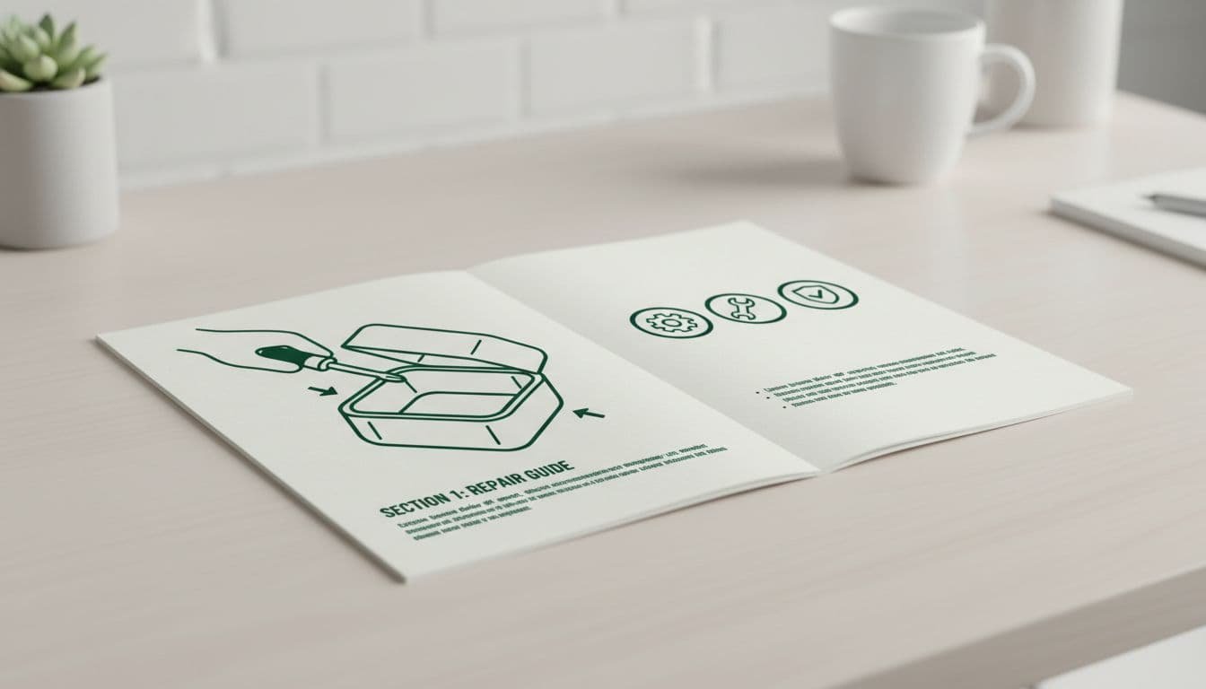 Minimalist paper manual shows diagram of screwdriver opening product casing in bright workspace.