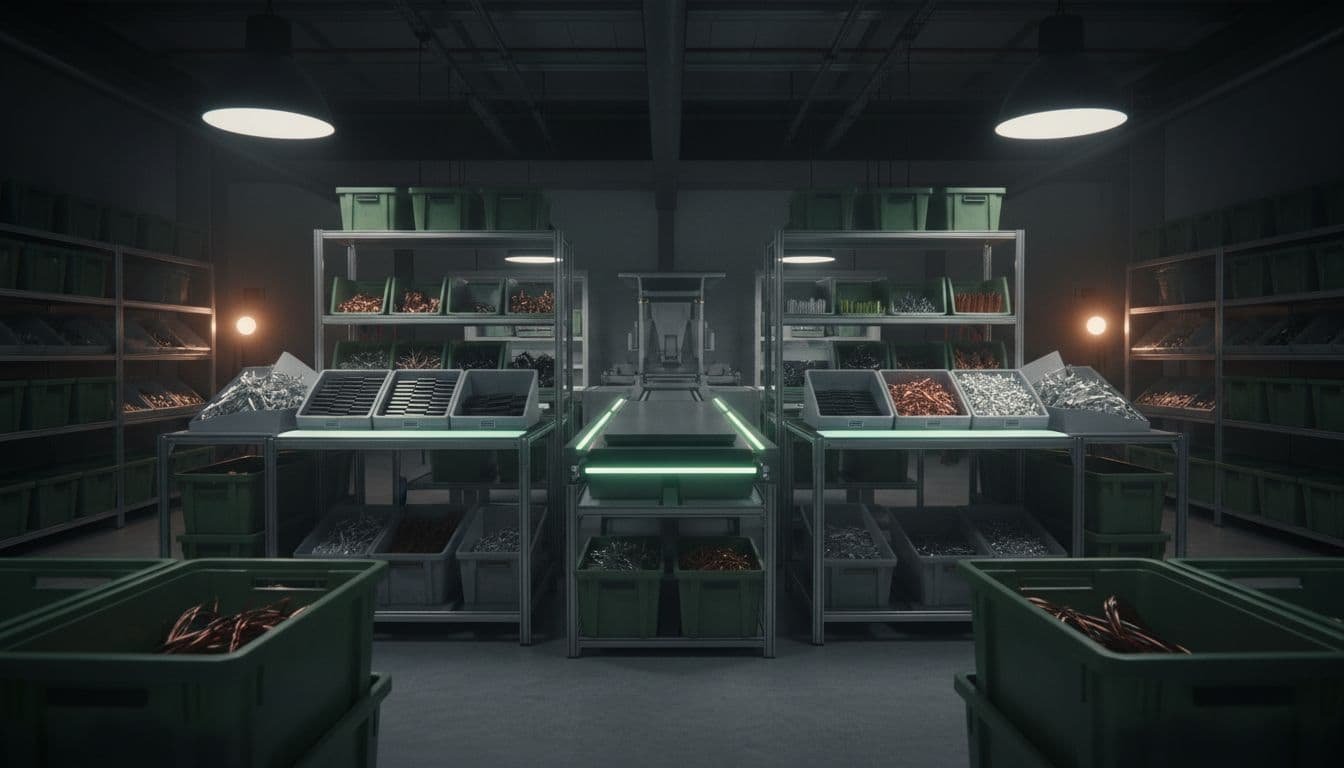 An organized industrial workshop features processed solar components and materials under soft, warm lighting.