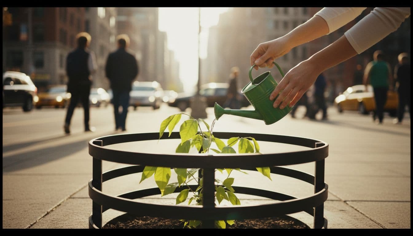 Hands water a young tree protected by a metal guard on a bustling city sidewalk.