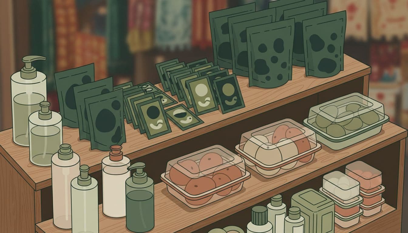 Top-down view of rigid bottles, trays, flexible pouches, and sachets arranged on an Indian market shelf with green edge accents.