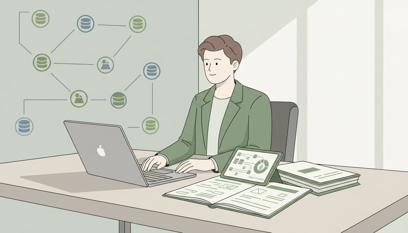 Procurement professional at modern desk with open laptop, Scope 3 calculator, notepad, and carbon registry icons.