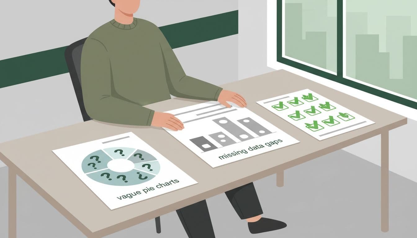 Procurement professional at desk reviews supplier climate reports, spotting vague pie charts, graph holes, and optimistic ticks.