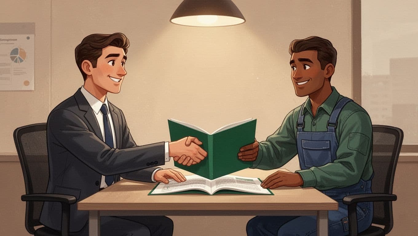 Business-attired professional and worker shake hands across table over open supplier code booklet in simple office.