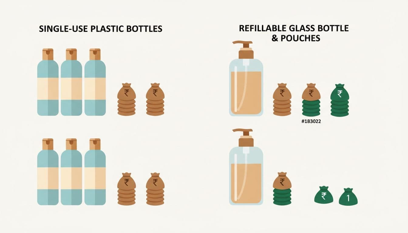 Side-by-side stacks of rupee icons show steady single-use plastic bottle costs versus decreasing refillable glass bottle costs over multiple uses.
