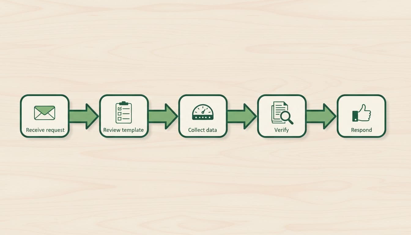 Flowchart on clean desk shows steps to receive request, review template, collect data, verify, and respond using icons and arrows.