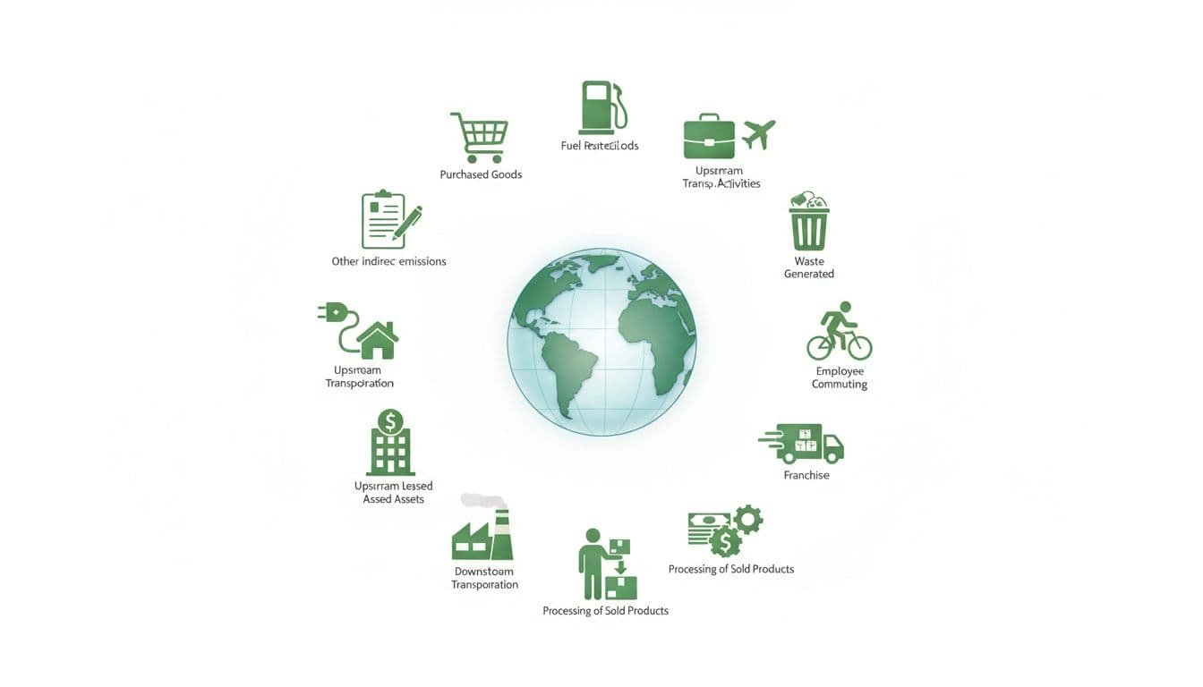 Simple icons of 15 Scope 3 emission categories arranged in a circle around a central Earth globe.