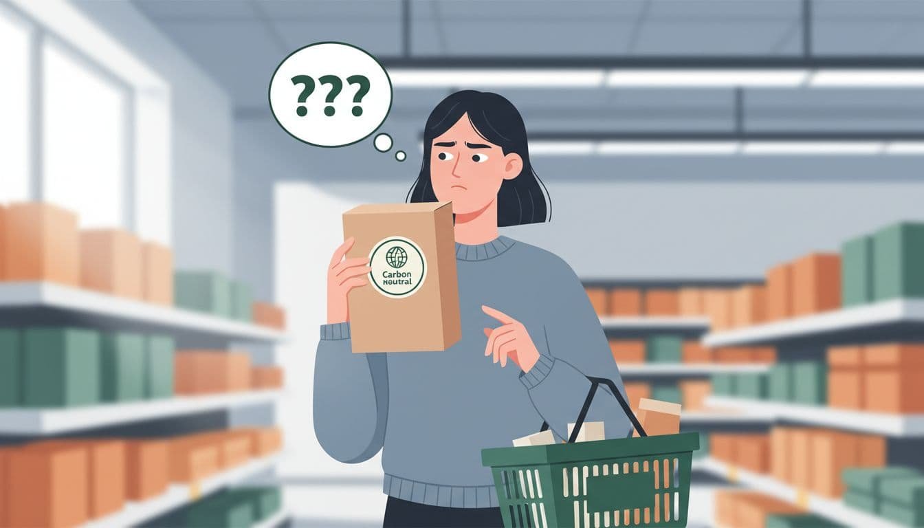 Skeptical shopper in supermarket holds product with carbon neutral label, eyebrow raised, thought bubble with question marks.