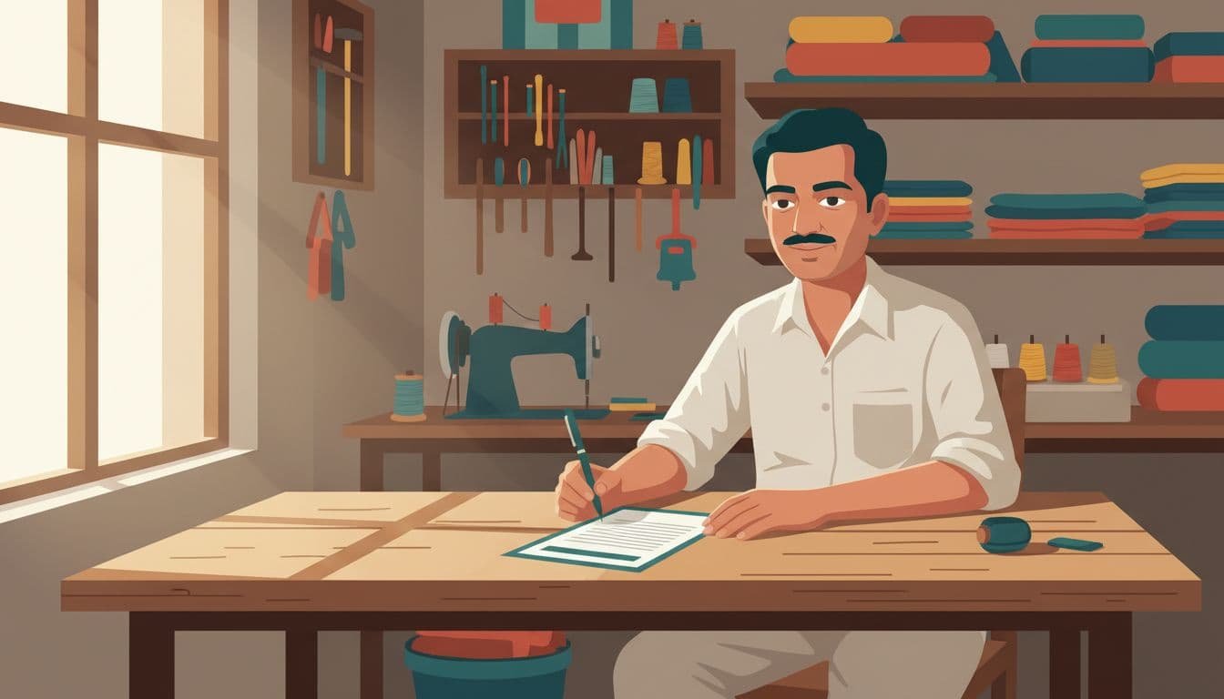 Small Indian shop owner sits at wooden table in workshop reviewing printed supplier code document with pen.