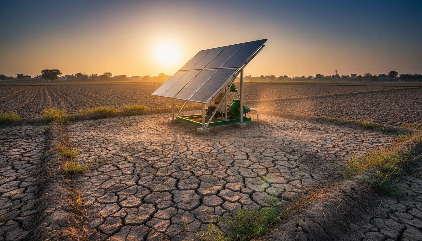 A modern solar pump stands in a dry, cracked agricultural field under warm sunlight.