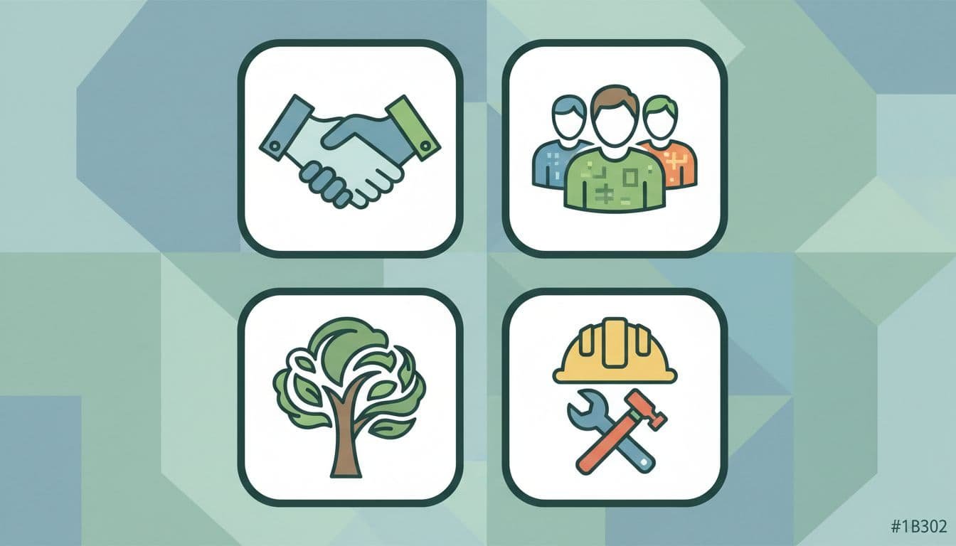 Grid of simple icons: ethical handshake, diverse faceless workers, green tree, safety helmet and tools on textured background.