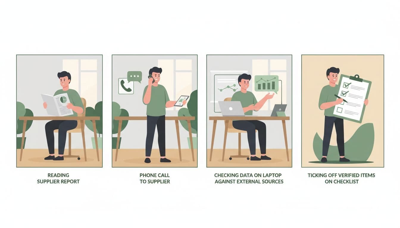 Four-panel illustration shows manager auditing climate claims: reading report at desk, phone call, laptop data check, ticking checklist.