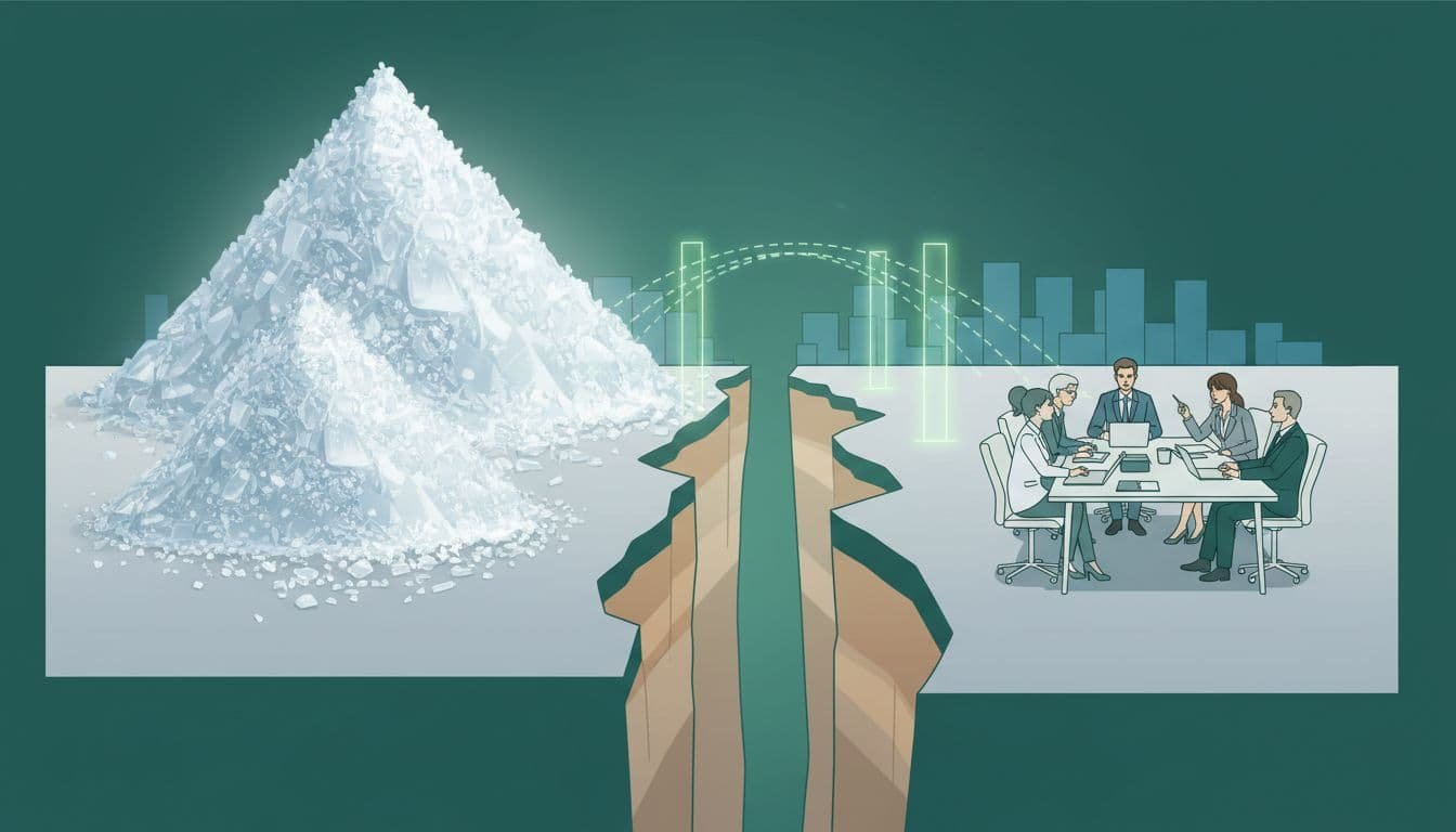 Wide canyon separates bright virgin plastic pile from professionals at table eyeing unbuilt bridge.