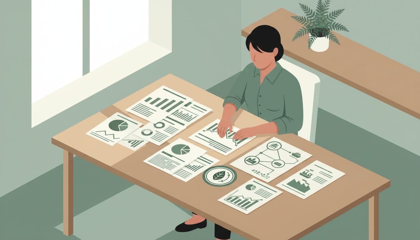 Sustainability manager at desk examines product data sheets, supply chain maps, and energy bills.