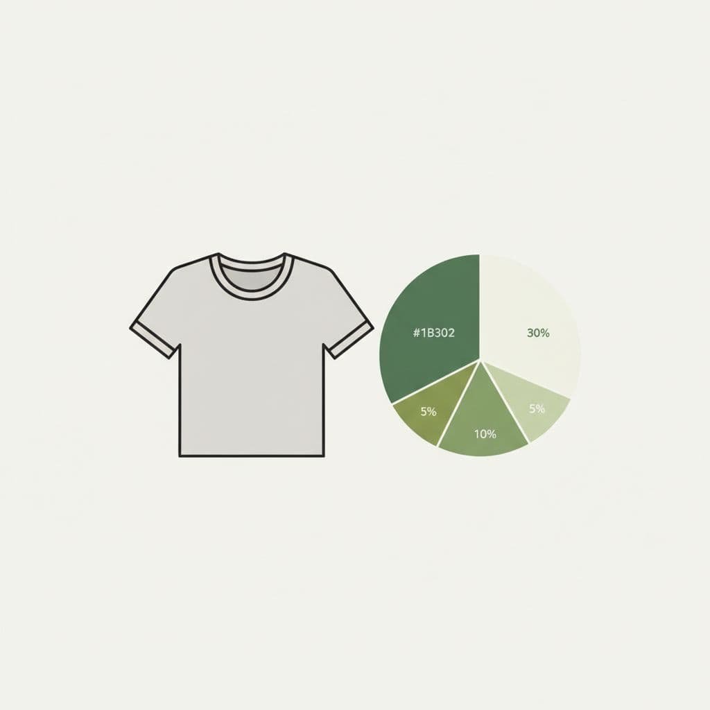 Simple t-shirt beside pie chart with segments for materials, manufacturing, transport, use, and disposal.