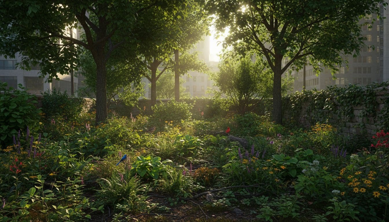 Sunlight filters through dense native foliage in this vibrant city garden. Various green leaves and small birds create a rich ecosystem that contrasts sharply against the surrounding concrete urban infrastructure.