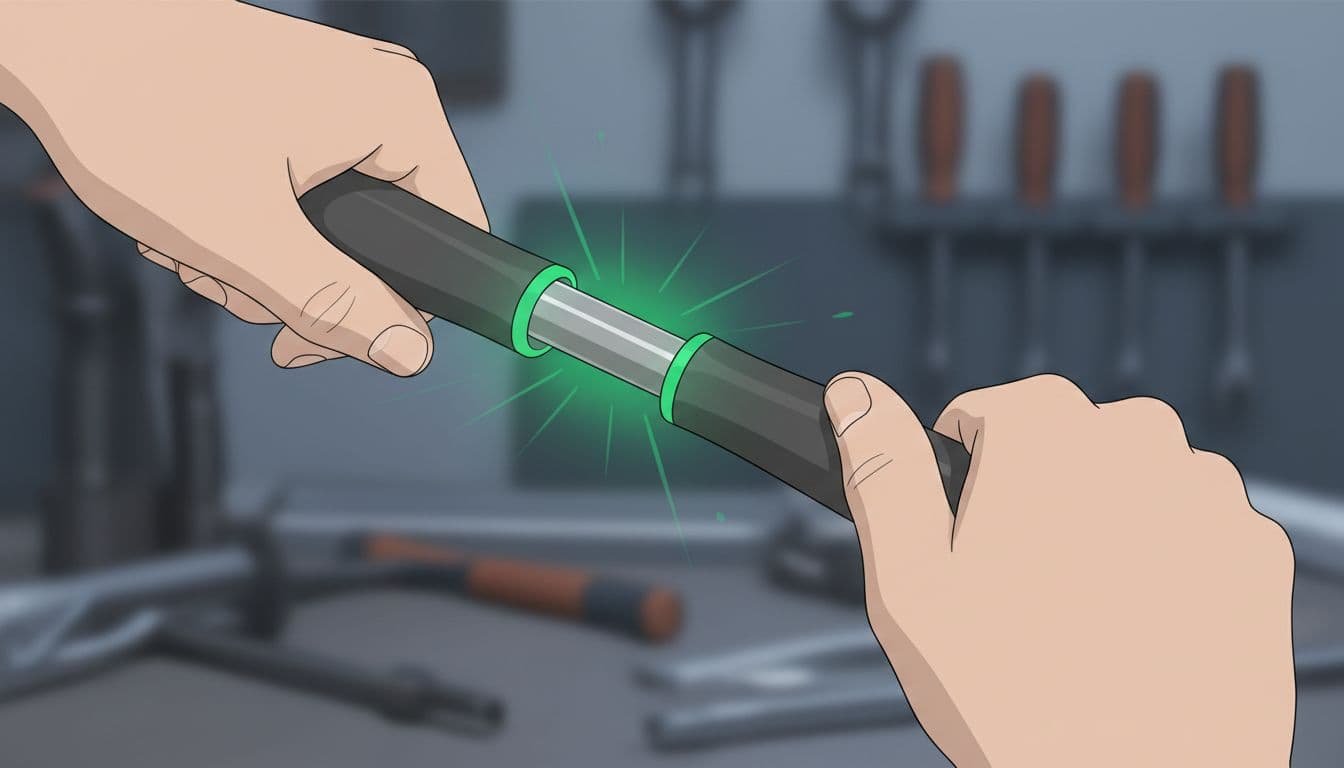 Relaxed hands repeatedly bend mechanical tool handle at stress point in workshop.