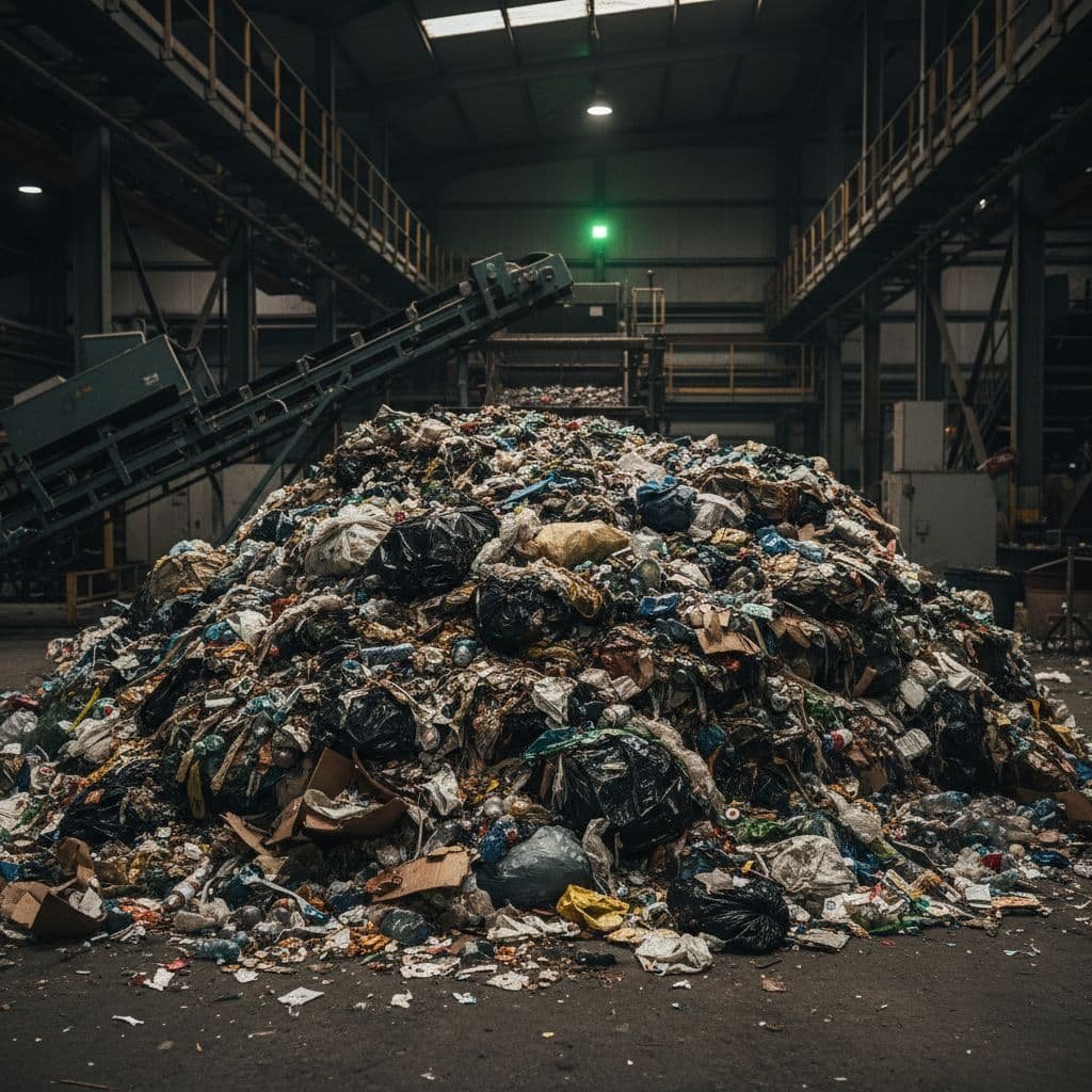 A dense, unsegregated heap of mixed trash sits under harsh industrial lighting in a recycling facility.