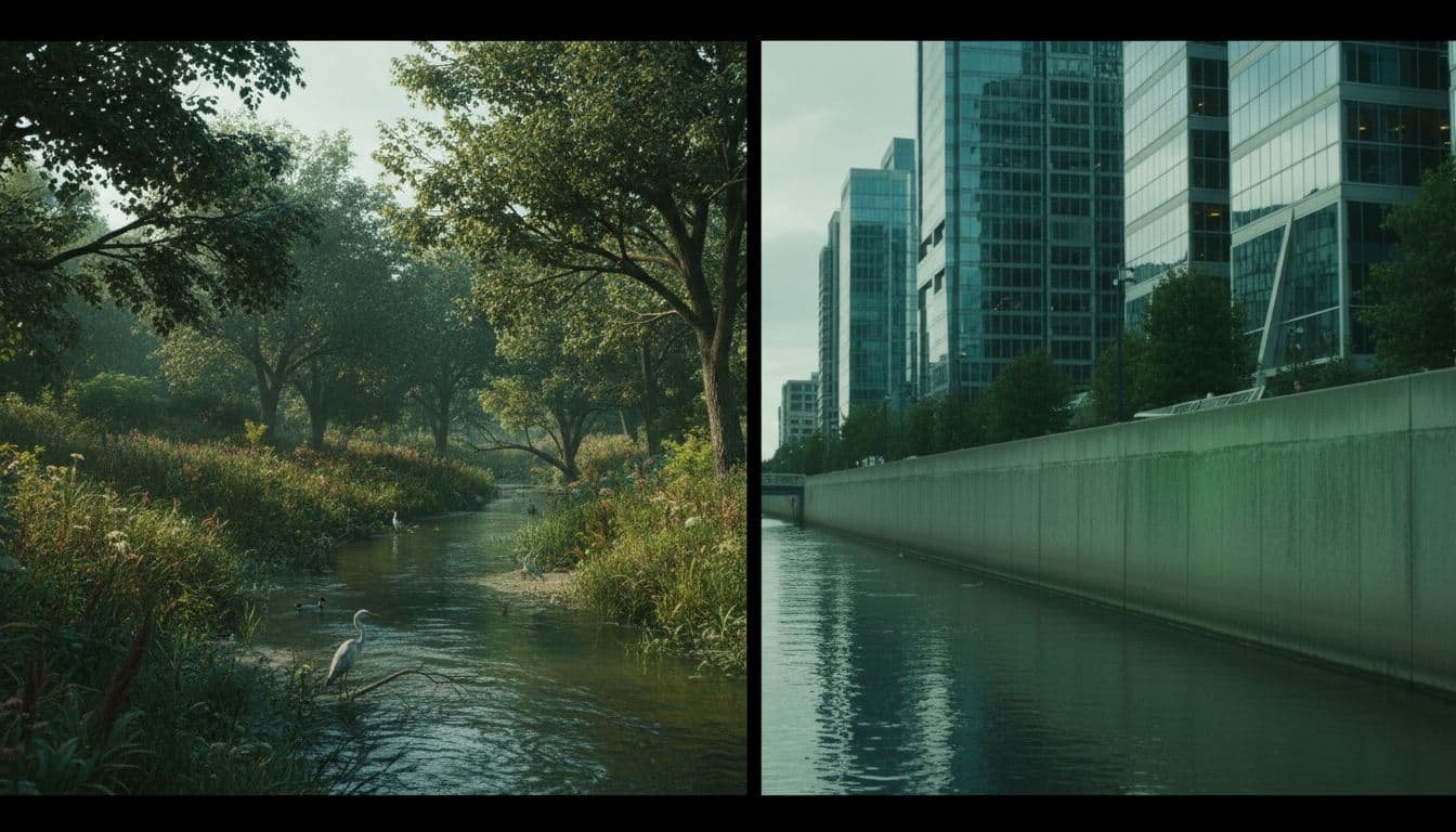A split composition displays a vibrant, wild riverbank teeming with native greenery and birds alongside a stark, sterile section featuring rigid gray concrete walls and towering glass-fronted modern office buildings.