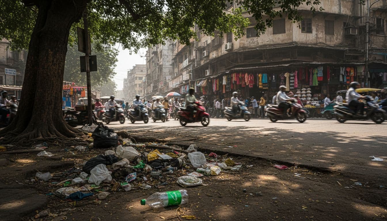 Discarded plastic wrappers lie on a street corner near a tree in an urban Indian setting.