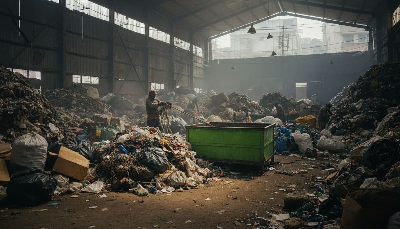 A cluttered urban waste center features mixed materials and a bright green bin for sorting.