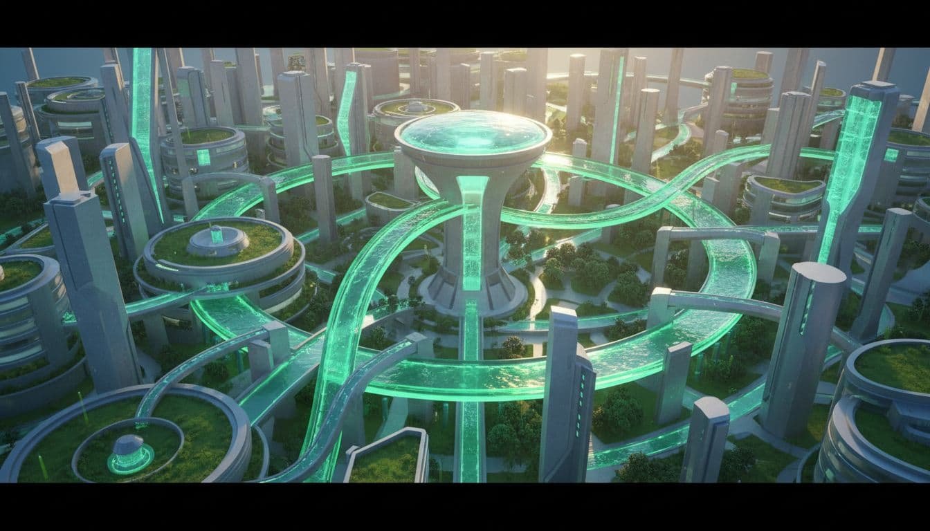 Curving blue water conduits weave through sleek modern architectural buildings, featuring vibrant green plant accents and bright cinematic lighting that highlights a sustainable city system designed for efficient liquid resource conservation.