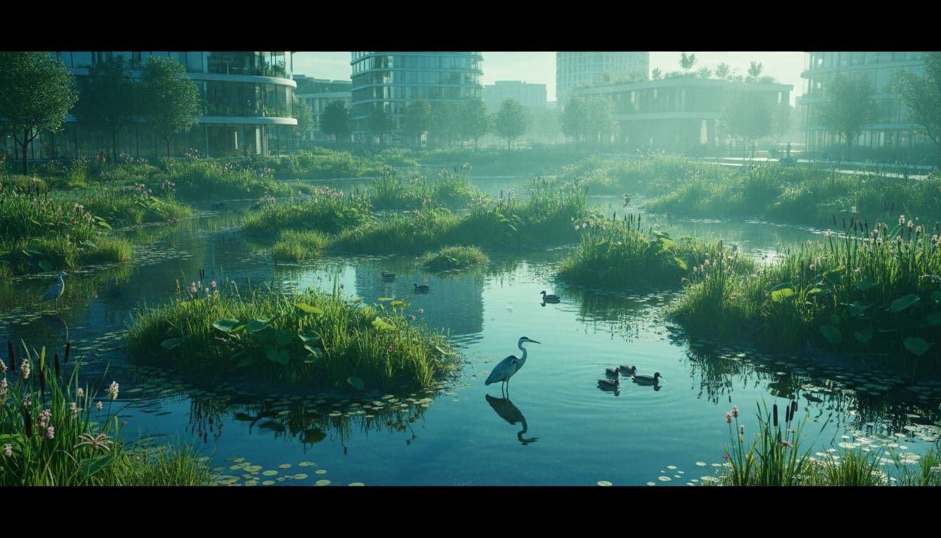 Clear water flows through a vibrant green marshland filled with native reeds and aquatic plants. Various birds forage along the banks, illustrating a thriving ecosystem integrated into a modern city environment.