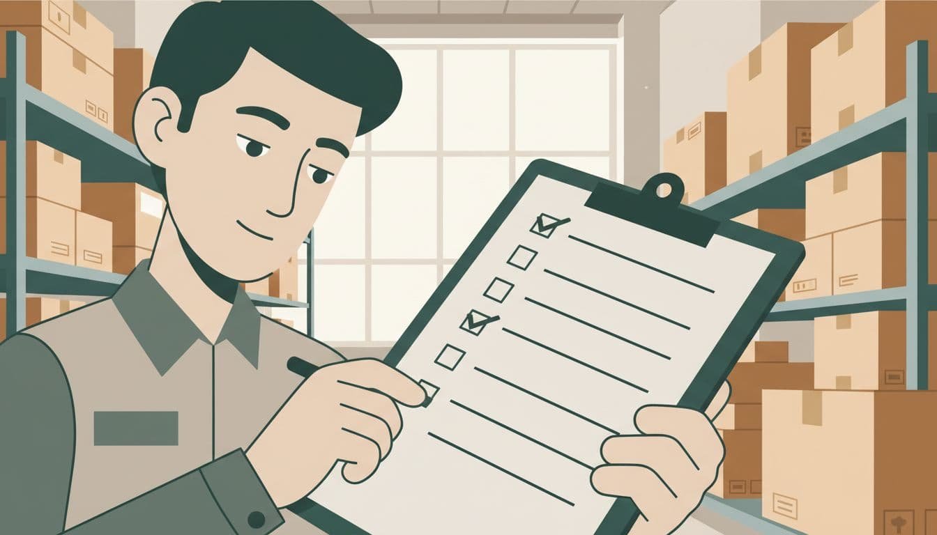 Close-up of person examining clipboard checklist in bright warehouse with stacked cardboard boxes behind.