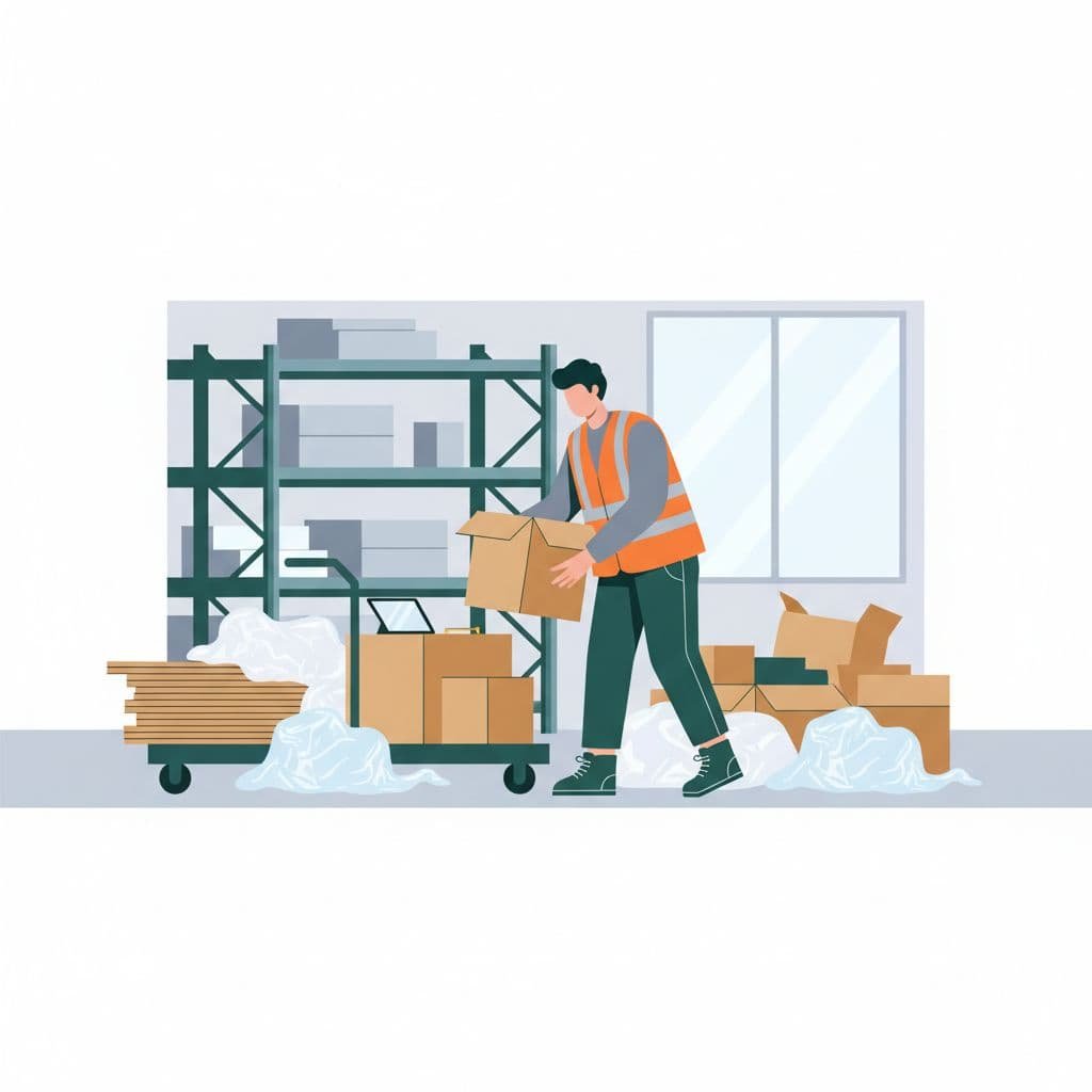 Person in high-visibility vest sorts cardboard boxes and plastic packaging in warehouse, with neat stacks on floor.
