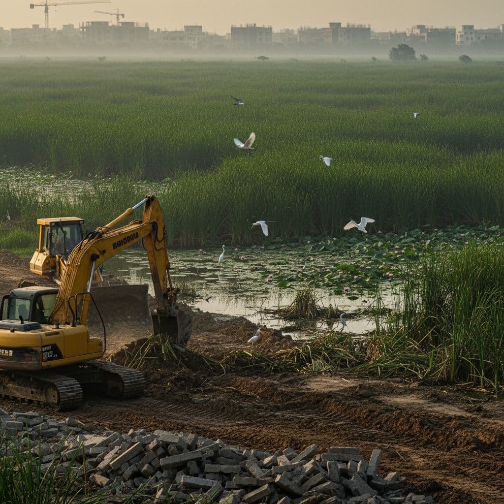 Yellow heavy machinery sits parked near a lush wetland filled with green reeds and blooming water lilies. In the background, diverse bird species gather near the water amidst the construction equipment.