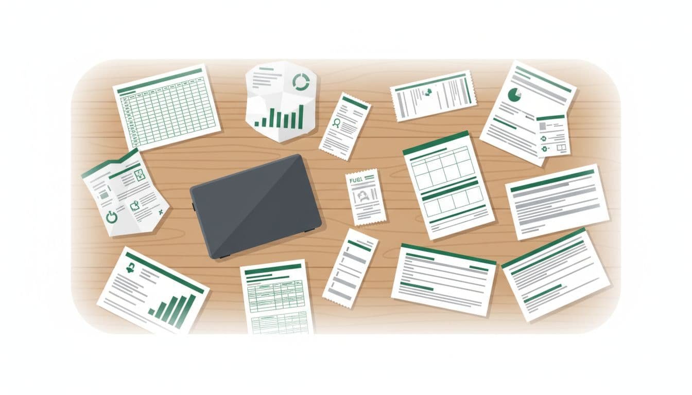 Top-down view of wooden desk with supplier invoices, spreadsheets, travel receipts, fuel logs, and closed laptop.
