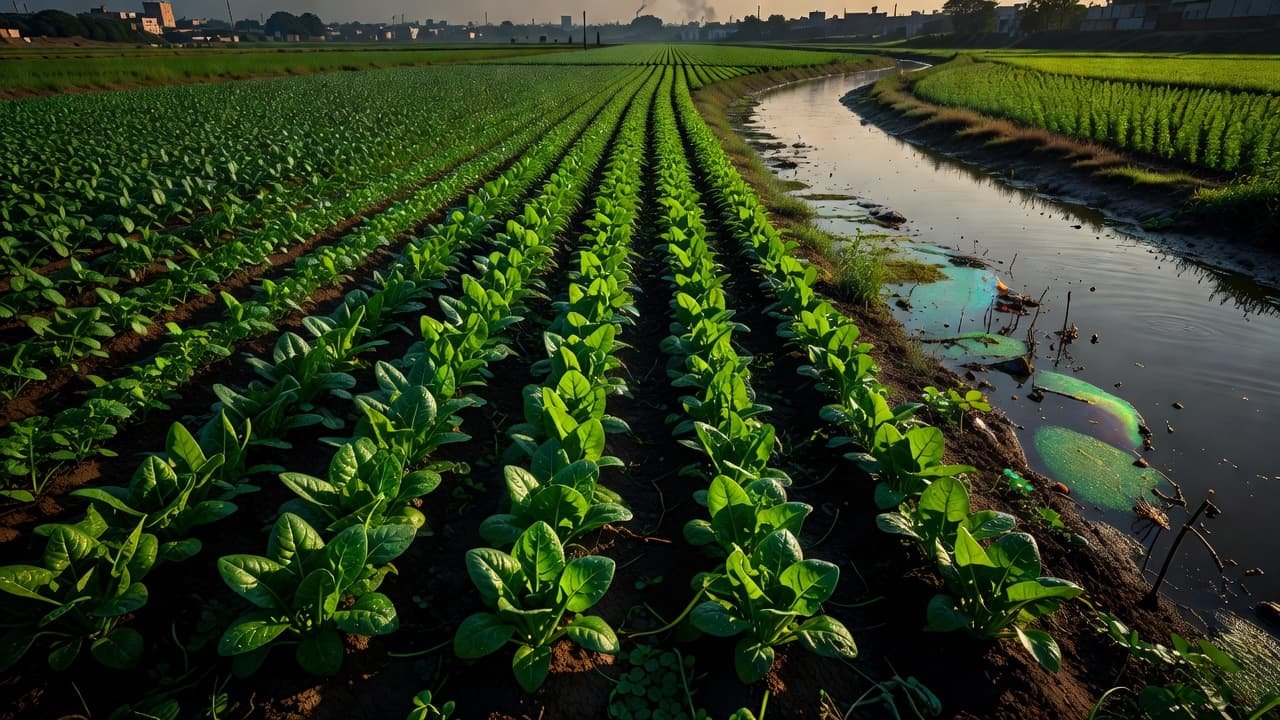 Vibrant green crops stretch across a rural plot, positioned directly beside a stagnant, dark urban canal. The high-contrast scene features dramatic shadows cast across the contaminated landscape under golden sunlight.