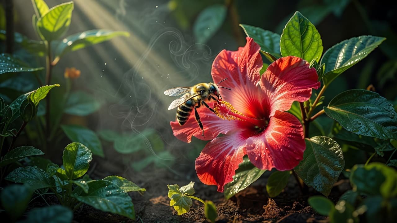 A close-up of a fuzzy native bee clinging to bright flower petals as swirling, faint white chemical fog drifts through the background. Rich emerald leaves frame the dramatic, high-contrast scene.
