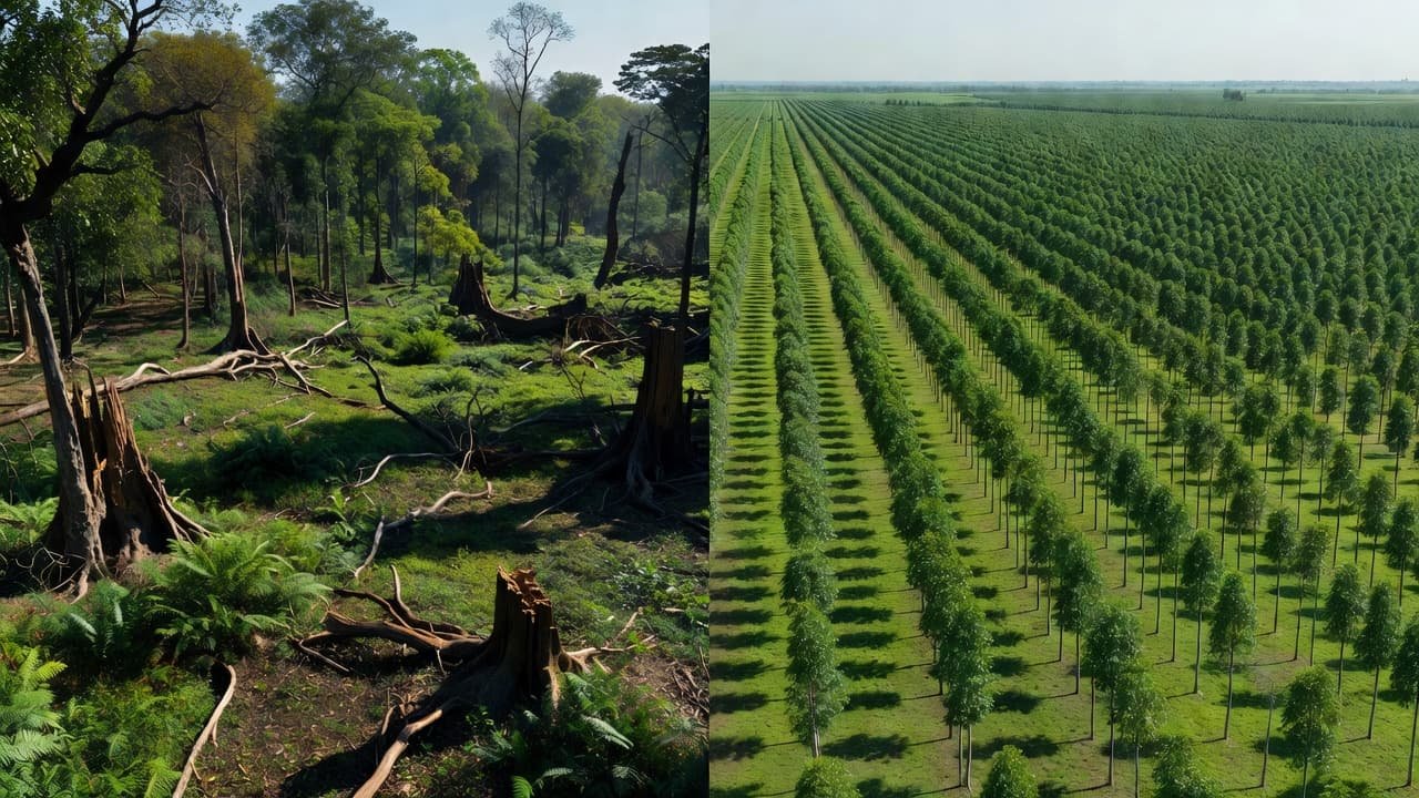 A split-screen landscape displays a lush, chaotic old-growth forest on one side next to a sterile, uniform plantation of identical trees planted in rigid, artificial rows under a clear sky.