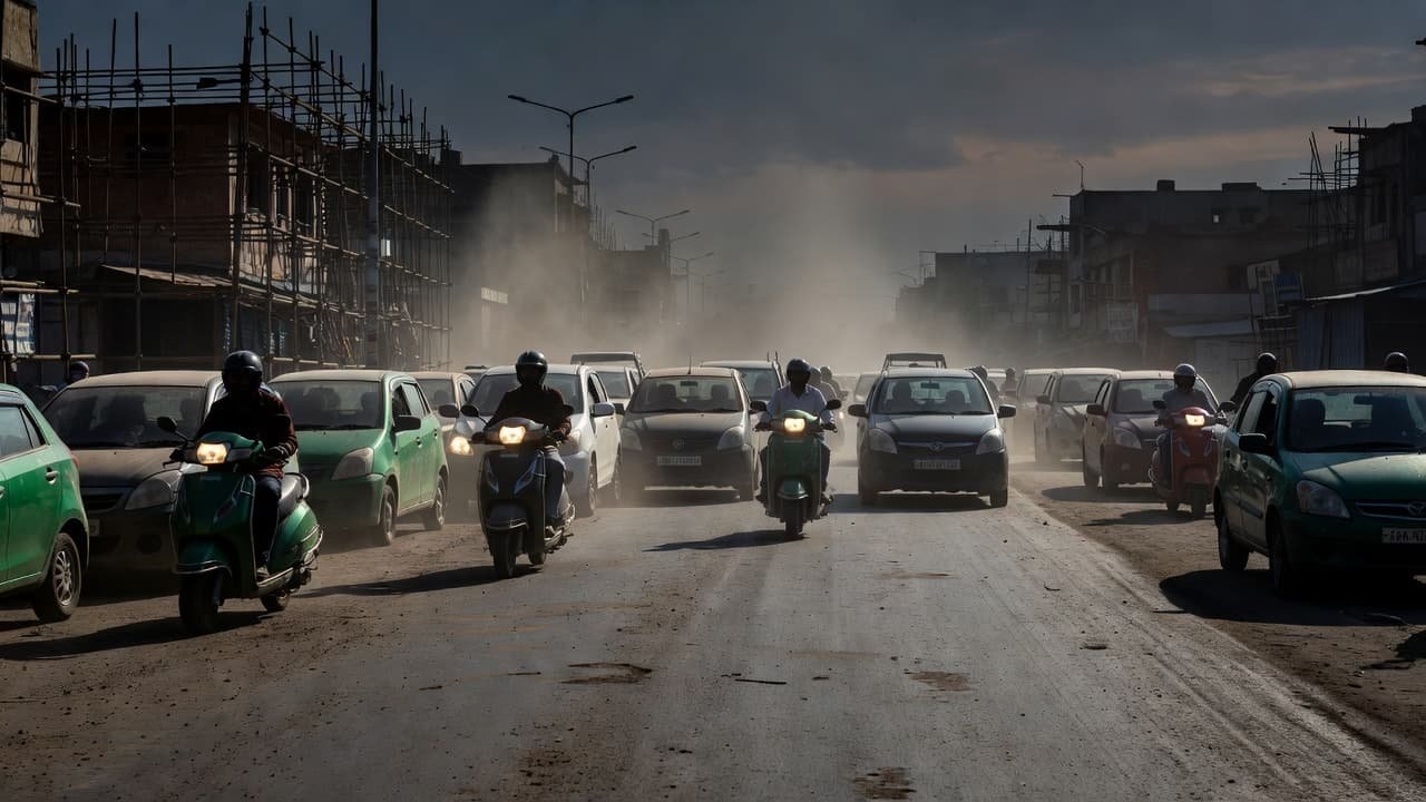 Traffic jams crowd a hazy, twilight Indian urban road featuring grey, grit-covered asphalt. Metal construction scaffolding stands tall along the dusty roadside under dramatic, low-light conditions with deep green accents.