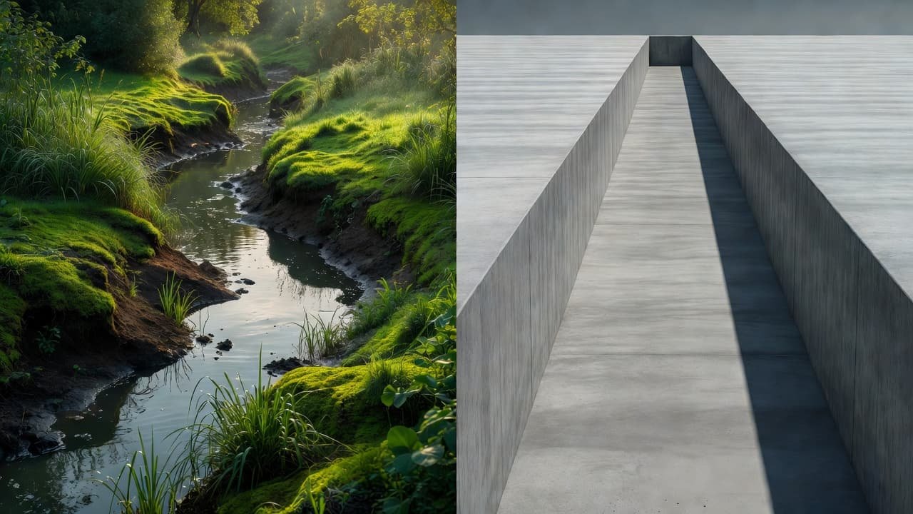 A split-screen view contrasting a lush, earthen canal bank allowing water seepage into the soil against a sterile, gray concrete-lined channel that prevents any moisture from reaching the surrounding dry landscape.